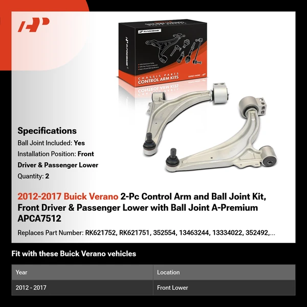 2012-2017 Buick Verano 2-Pc Control Arm and Ball Joint Kit, Front Driver & Passenger Lower with Ball Joint A-Premium APCA7512