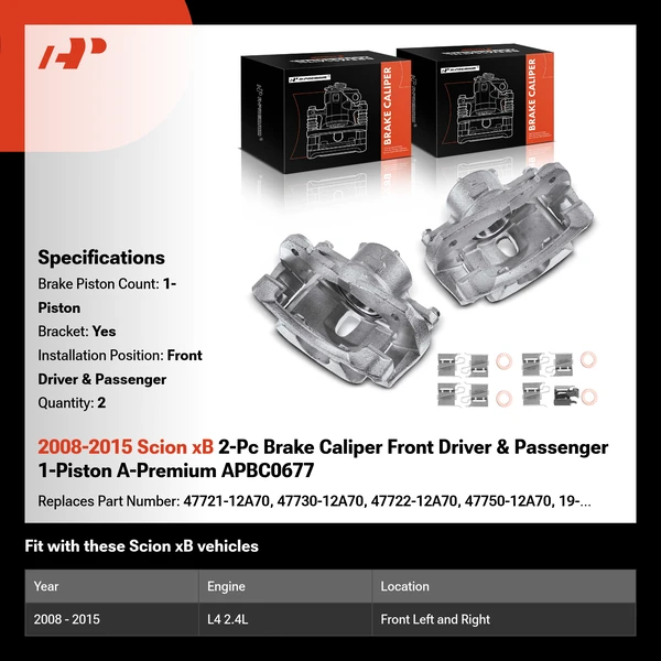 2008-2015 Scion xB 2-Pc Brake Caliper Front Driver & Passenger 1-Piston A-Premium APBC0677