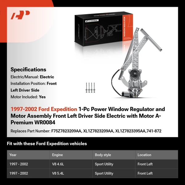 1997-2002 Ford Expedition 1-Pc Power Window Regulator and Motor Assembly Front Left Driver Side Electric with Motor A-Premium WR0084