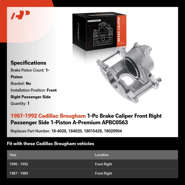 1987-1992 Cadillac Brougham 1-Pc Brake Caliper Front Right Passenger Side 1-Piston A-Premium APBC0563