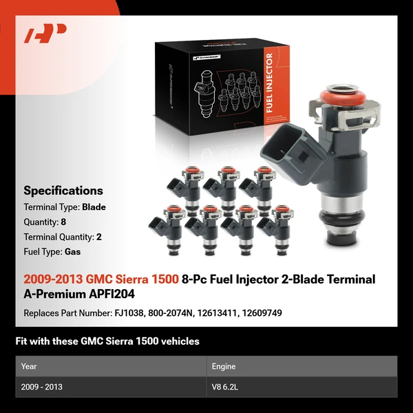 2009-2013 GMC Sierra 1500 8-Pc Fuel Injector 2-Blade Terminal A-Premium APFI204