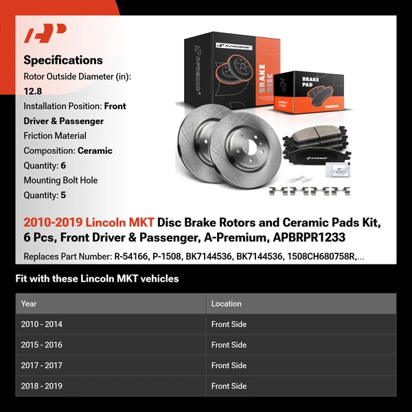 2010-2019 Lincoln MKT Disc Brake Rotors and Ceramic Pads Kit, 6 Pcs, Front Driver & Passenger, A-Premium, APBRPR1233