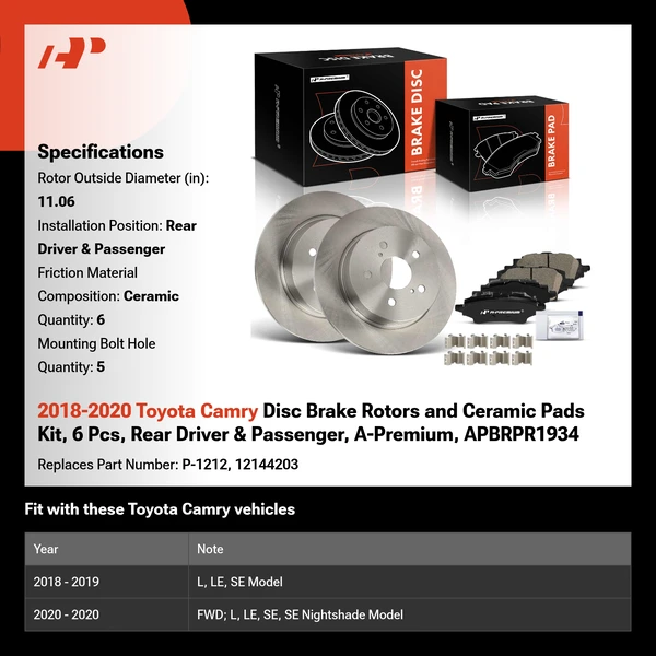 2018-2020 Toyota Camry Disc Brake Rotors and Ceramic Pads Kit, 6 Pcs, Rear Driver & Passenger, A-Premium, APBRPR1934