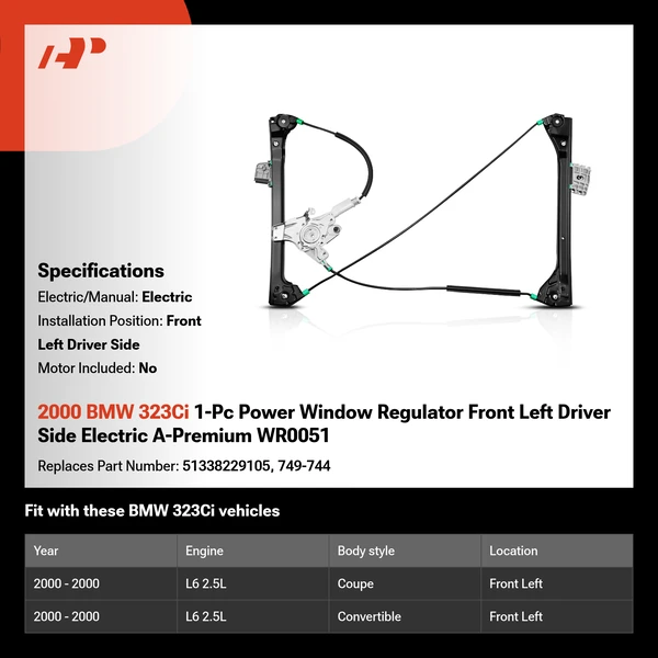 2000 BMW 323Ci 1-Pc Power Window Regulator Front Left Driver Side Electric A-Premium WR0051
