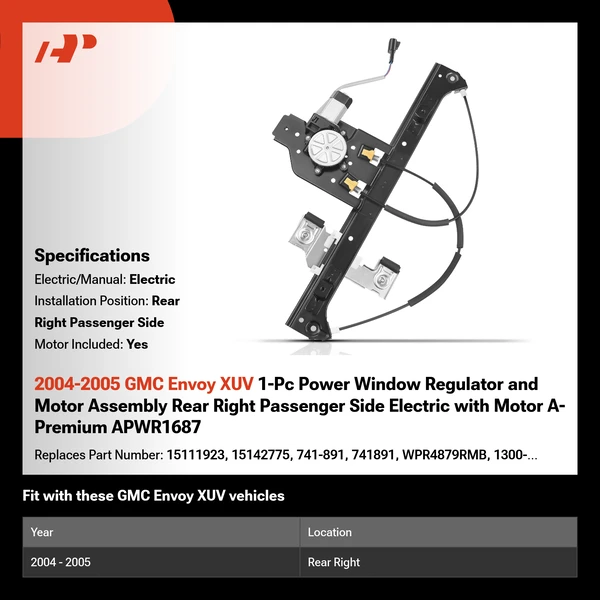 2004-2005 GMC Envoy XUV 1-Pc Power Window Regulator and Motor Assembly Rear Right Passenger Side Electric with Motor A-Premium APWR1687