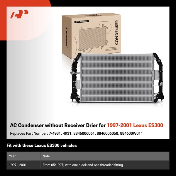 AC Condenser without Receiver Drier for 1997-2001 Lexus ES300