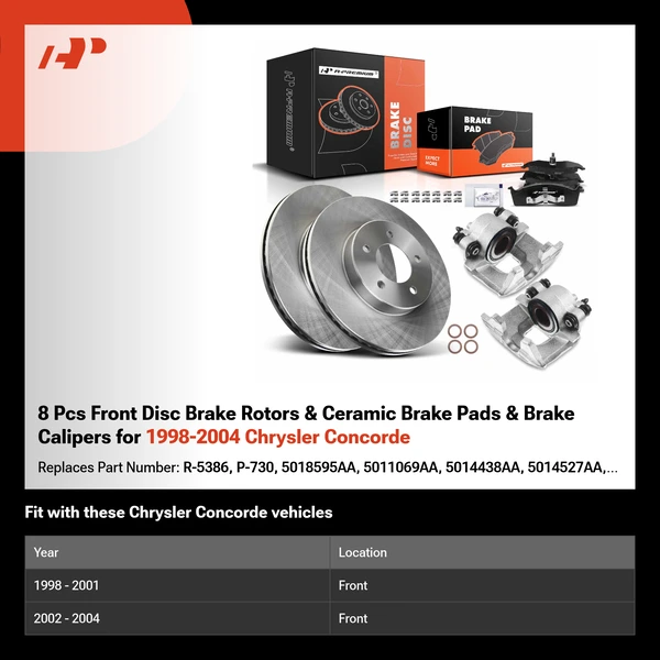 8 Pcs Front Disc Brake Rotors & Ceramic Brake Pads & Brake Calipers for 1998-2004 Chrysler Concorde