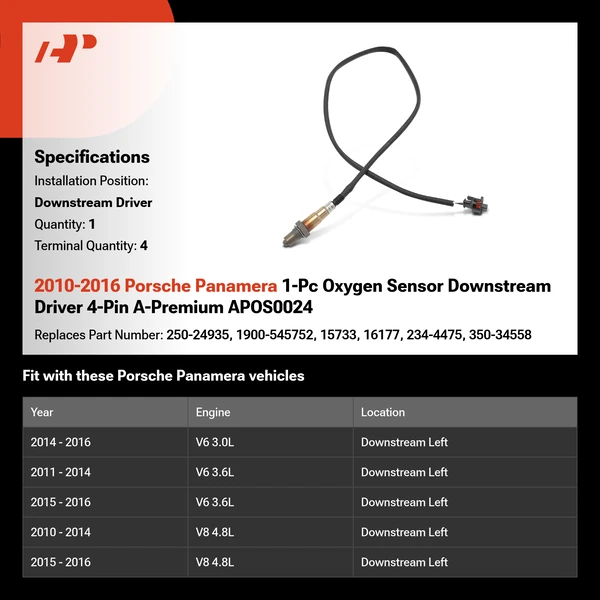 2010-2016 Porsche Panamera 1-Pc Oxygen Sensor Downstream Driver 4-Pin A-Premium APOS0024