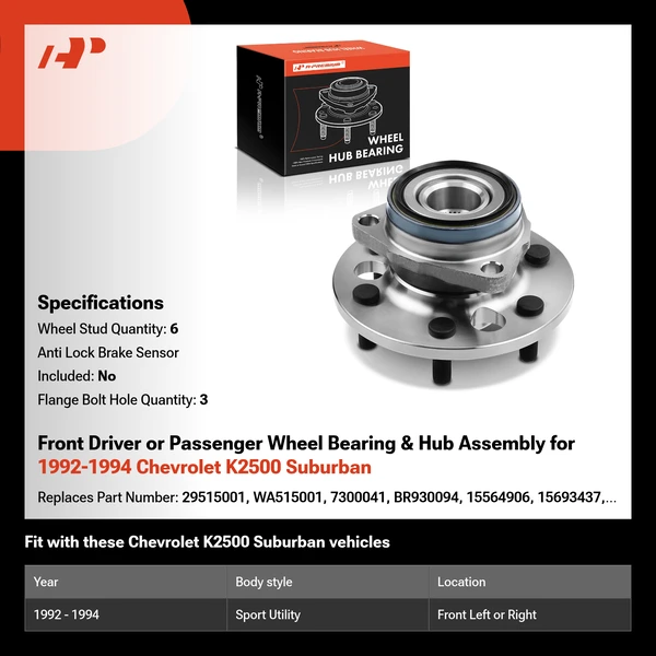 Front Driver or Passenger Wheel Bearing & Hub Assembly for 1992-1994 Chevrolet K2500 Suburban