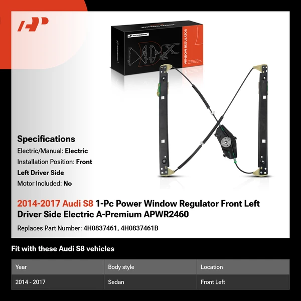2014-2017 Audi S8 1-Pc Power Window Regulator Front Left Driver Side Electric A-Premium APWR2460