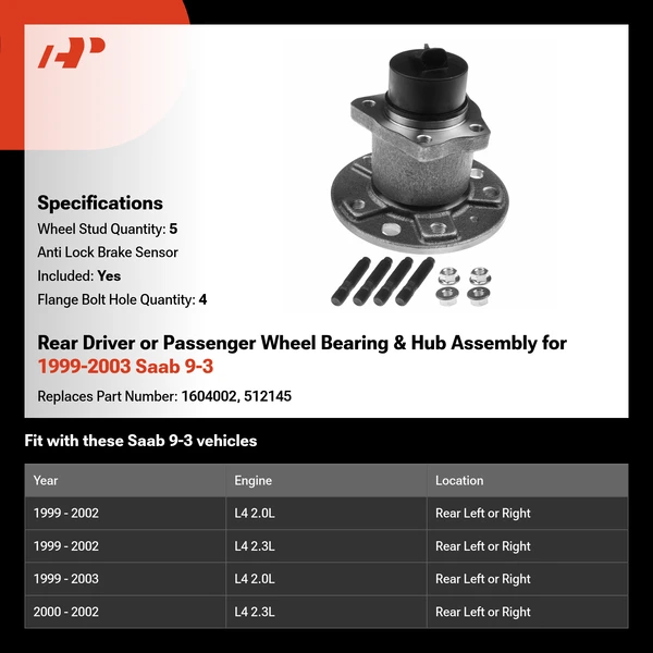 Rear Driver or Passenger Wheel Bearing & Hub Assembly for 1999-2003 Saab 9-3