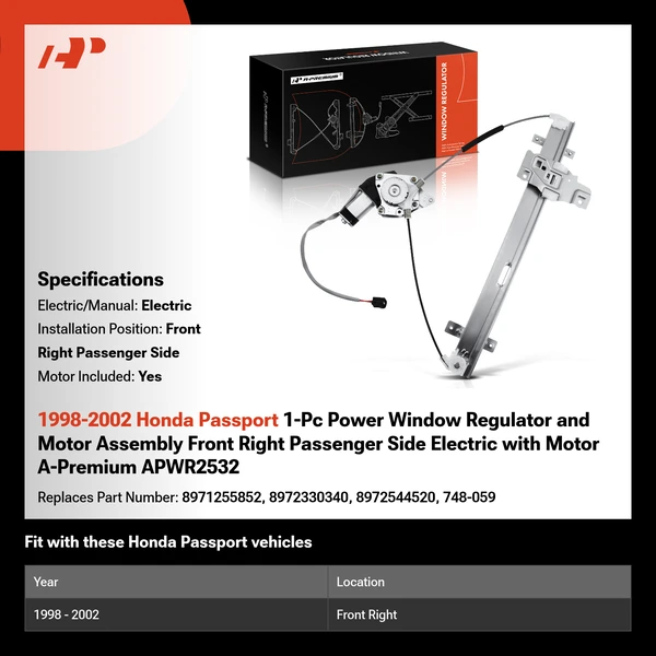 1998-2002 Honda Passport 1-Pc Power Window Regulator and Motor Assembly Front Right Passenger Side Electric with Motor A-Premium APWR2532
