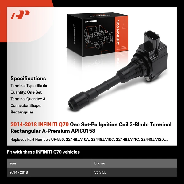 2014-2018 INFINITI Q70 One Set-Pc Ignition Coil 3-Blade Terminal Rectangular A-Premium APIC0158