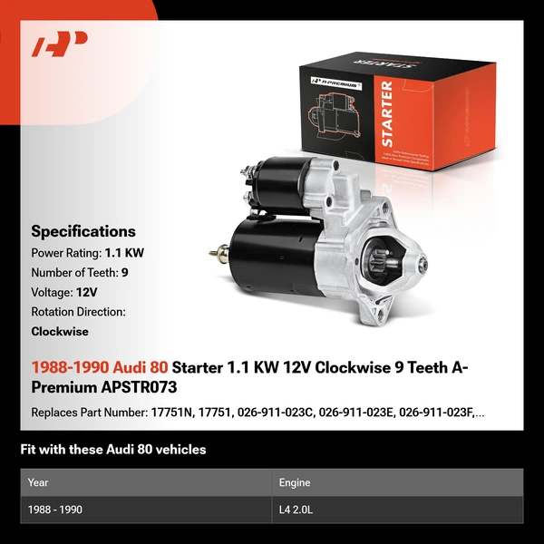 1988-1990 Audi 80 Starter 1.1 KW 12V Clockwise 9 Teeth A-Premium APSTR073