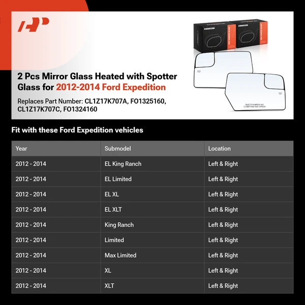 2 Pcs Mirror Glass Heated with Spotter Glass for 2012-2014 Ford Expedition