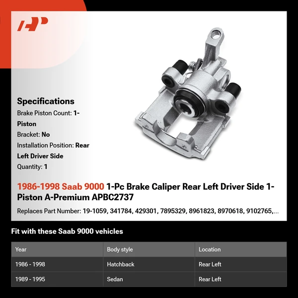 1986-1998 Saab 9000 1-Pc Brake Caliper Rear Left Driver Side 1-Piston A-Premium APBC2737