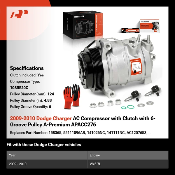 2009-2010 Dodge Charger AC Compressor with Clutch with 6-Groove Pulley A-Premium APACC276