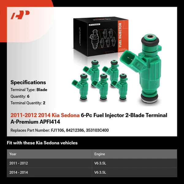 2011-2012 2014 Kia Sedona 6-Pc Fuel Injector 2-Blade Terminal A-Premium APFI414