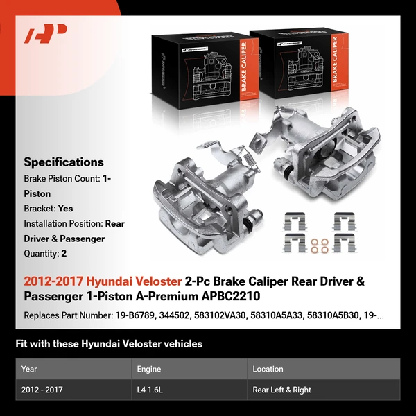 2012-2017 Hyundai Veloster 2-Pc Brake Caliper Rear Driver & Passenger 1-Piston A-Premium APBC2210