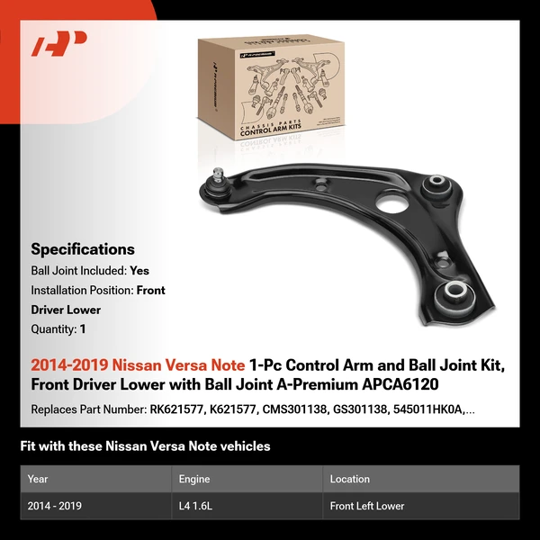 2014-2019 Nissan Versa Note 1-Pc Control Arm and Ball Joint Kit, Front Driver Lower with Ball Joint A-Premium APCA6120