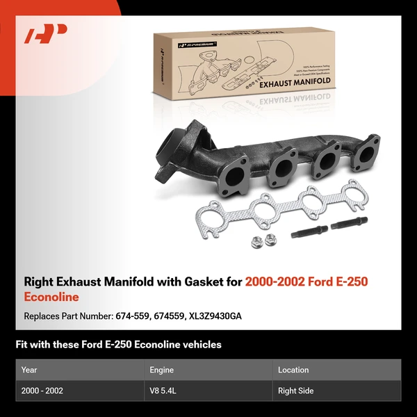 Right Exhaust Manifold with Gasket for 2000-2002 Ford E-250 Econoline