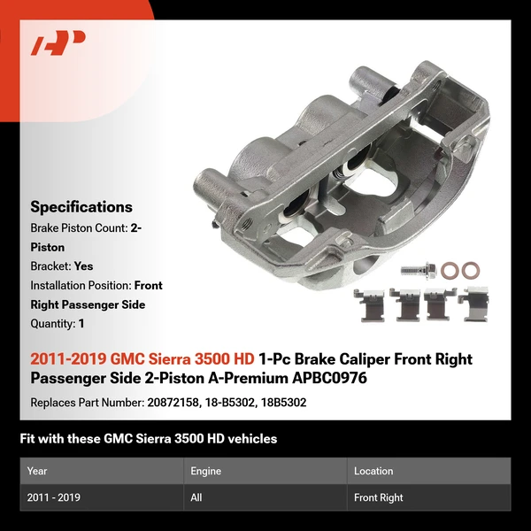 2011-2019 GMC Sierra 3500 HD 1-Pc Brake Caliper Front Right Passenger Side 2-Piston A-Premium APBC0976
