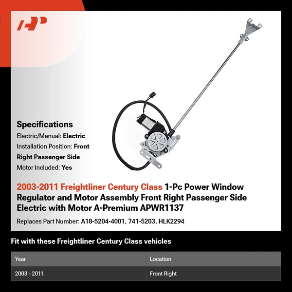 2003-2011 Freightliner Century Class 1-Pc Power Window Regulator and Motor Assembly Front Right Passenger Side Electric with Motor A-Premium APWR1137