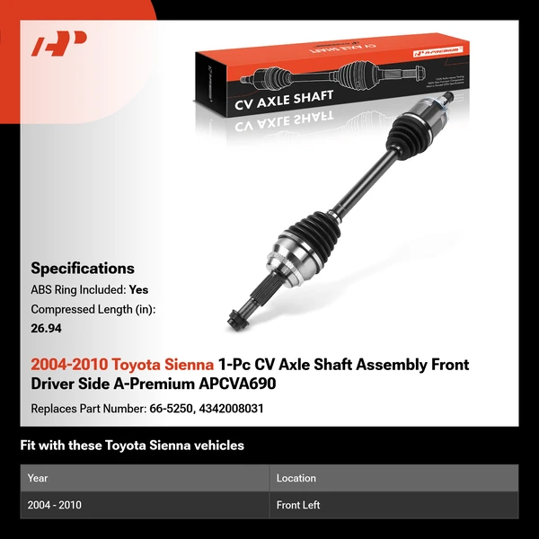 2004-2010 Toyota Sienna 1-Pc CV Axle Shaft Assembly Front Driver Side A-Premium APCVA690