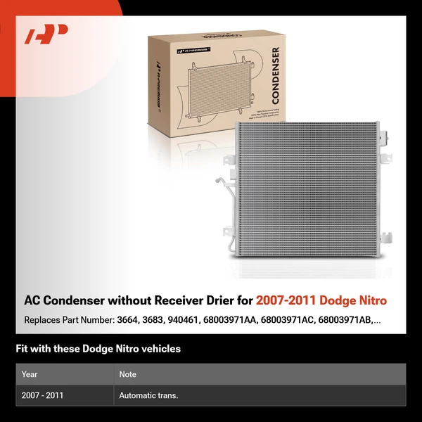 AC Condenser without Receiver Drier for 2007-2011 Dodge Nitro