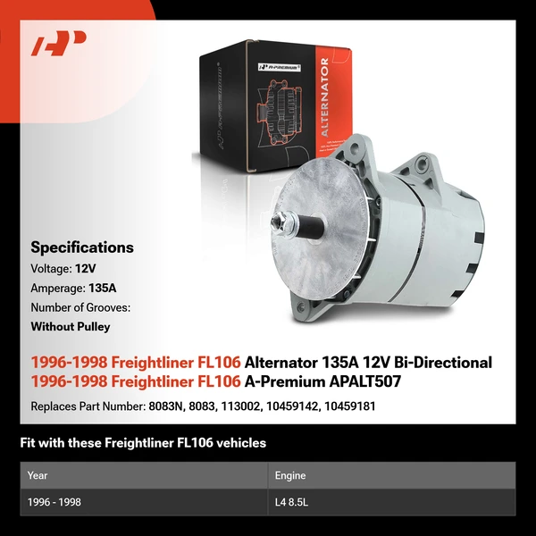 1996-1998 Freightliner FL106 Alternator 135A 12V Bi-Directional 1996-1998 Freightliner FL106 A-Premium APALT507
