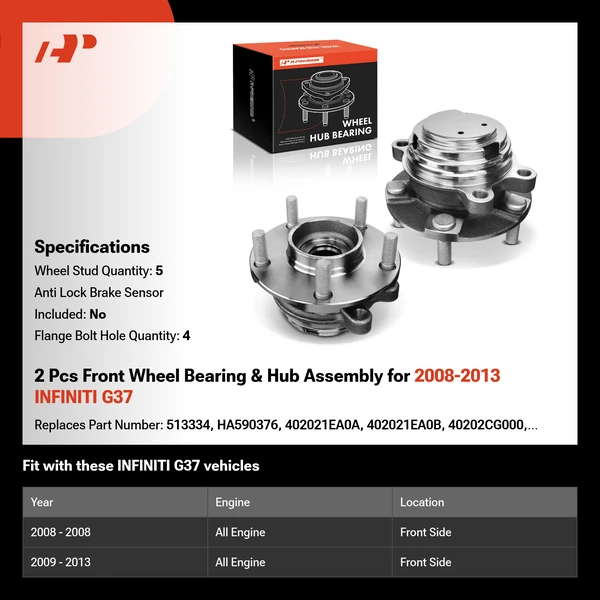 2 Pcs Front Wheel Bearing & Hub Assembly for 2008-2013 INFINITI G37