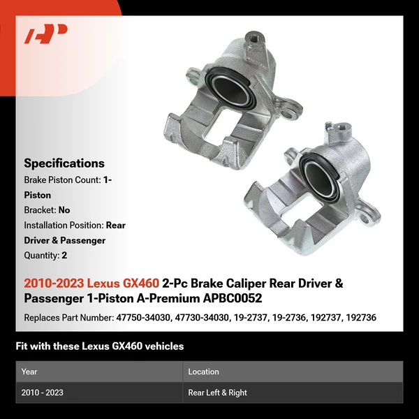2010-2023 Lexus GX460 2-Pc Brake Caliper Rear Driver & Passenger 1-Piston A-Premium APBC0052