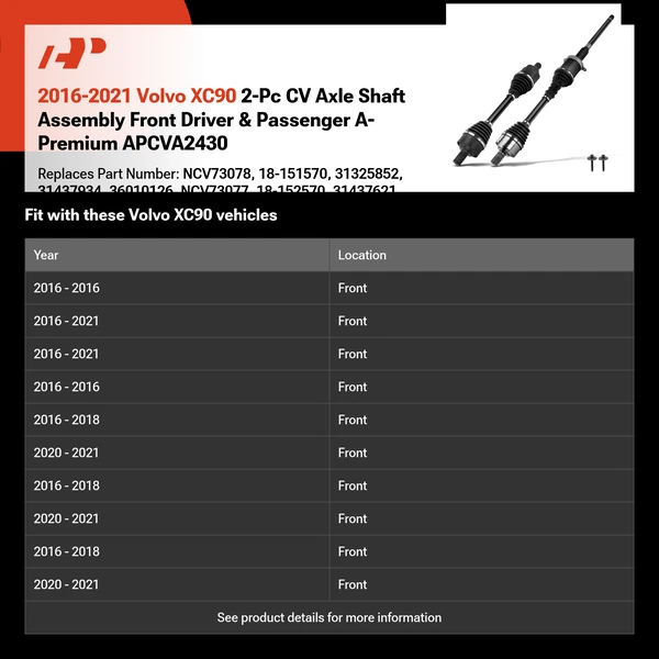 2016-2021 Volvo XC90 2-Pc CV Axle Shaft Assembly Front Driver & Passenger A-Premium APCVA2430