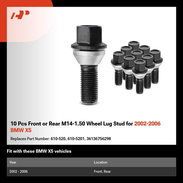 10 Pcs Front or Rear M14-1.50 Wheel Lug Stud for 2002-2006 BMW X5