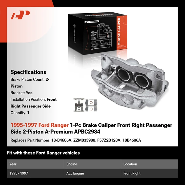 1995-1997 Ford Ranger 1-Pc Brake Caliper Front Right Passenger Side 2-Piston A-Premium APBC2934