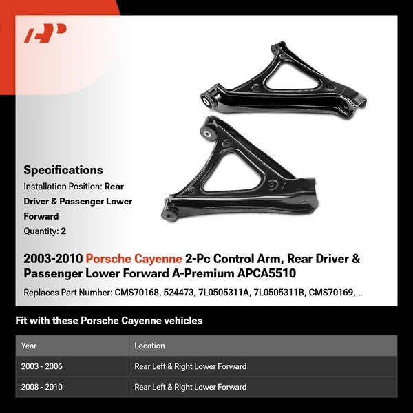 2003-2010 Porsche Cayenne 2-Pc Control Arm, Rear Driver & Passenger Lower Forward A-Premium APCA5510