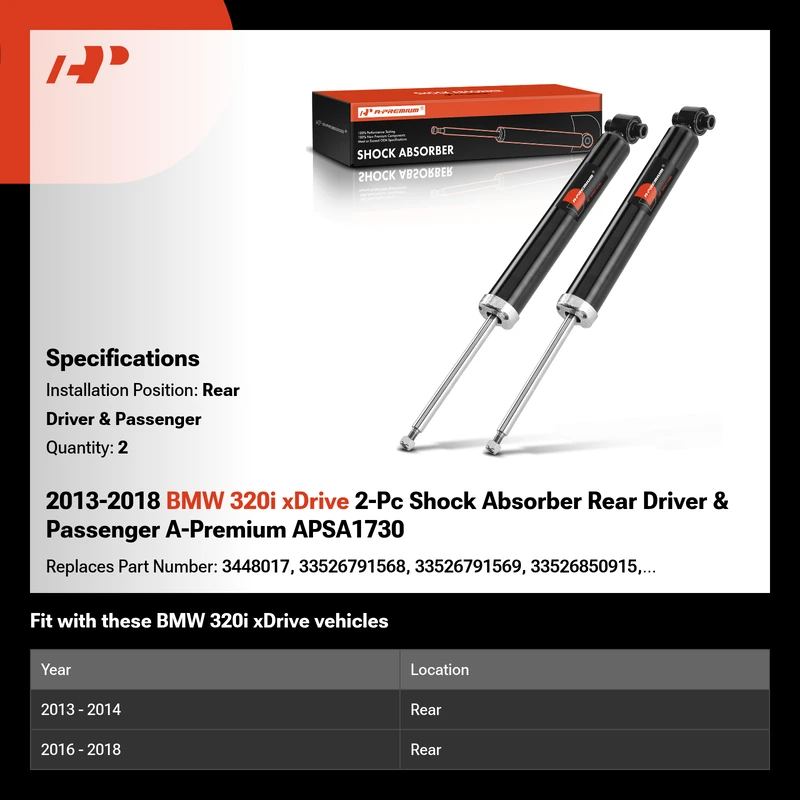 2013-2018 BMW 320i xDrive 2-Pc Shock Absorber Rear Driver & Passenger A-Premium APSA1730
