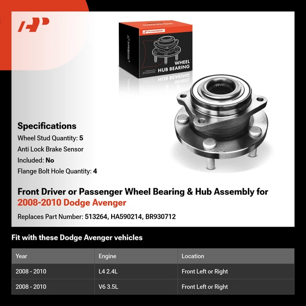 Front Driver or Passenger Wheel Bearing & Hub Assembly for 2008-2010 Dodge Avenger