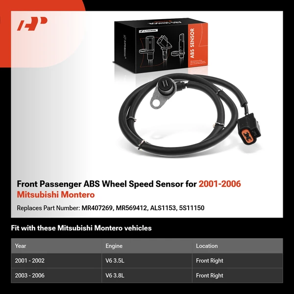 Front Passenger ABS Wheel Speed Sensor for 2001-2006 Mitsubishi Montero
