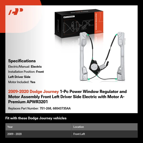 2009-2020 Dodge Journey 1-Pc Power Window Regulator and Motor Assembly Front Left Driver Side Electric with Motor A-Premium APWR3201