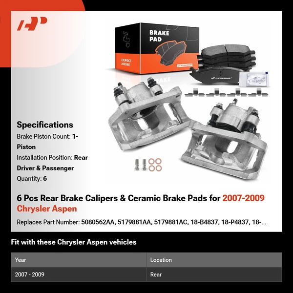 6 Pcs Rear Brake Calipers & Ceramic Brake Pads for 2007-2009 Chrysler Aspen