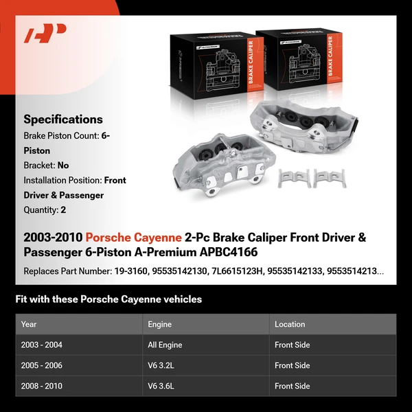 2003-2010 Porsche Cayenne 2-Pc Brake Caliper Front Driver & Passenger 6-Piston A-Premium APBC4166
