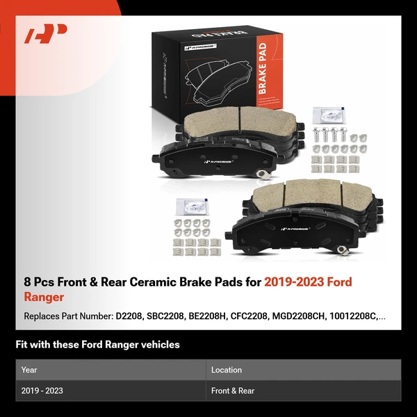 8 Pcs Front & Rear Ceramic Brake Pads for 2019-2023 Ford Ranger