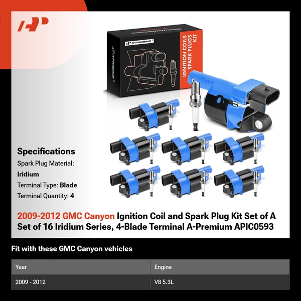 2009-2012 GMC Canyon Ignition Coil and Spark Plug Kit Set of A Set of 16 Iridium Series, 4-Blade Terminal A-Premium APIC0593