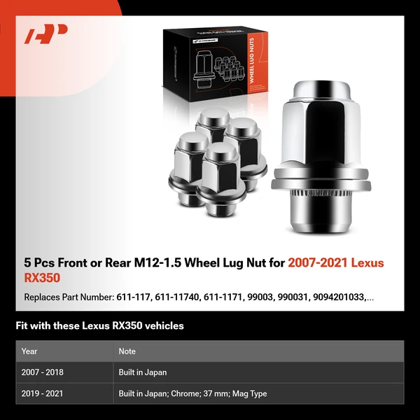 5 Pcs Front or Rear M12-1.5 Wheel Lug Nut for 2007-2021 Lexus RX350