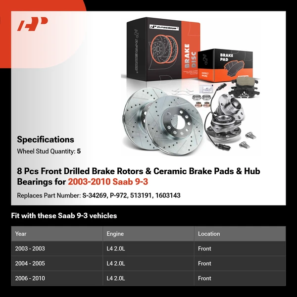 8 Pcs Front Drilled Brake Rotors & Ceramic Brake Pads & Hub Bearings for 2003-2010 Saab 9-3