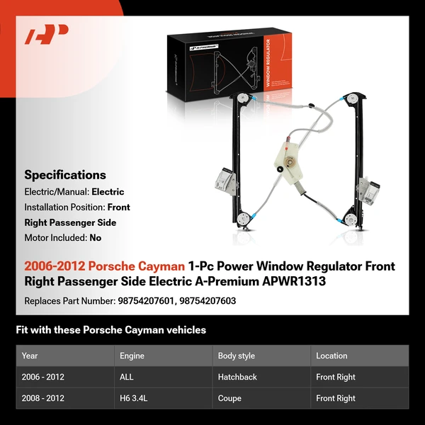 2006-2012 Porsche Cayman 1-Pc Power Window Regulator Front Right Passenger Side Electric A-Premium APWR1313