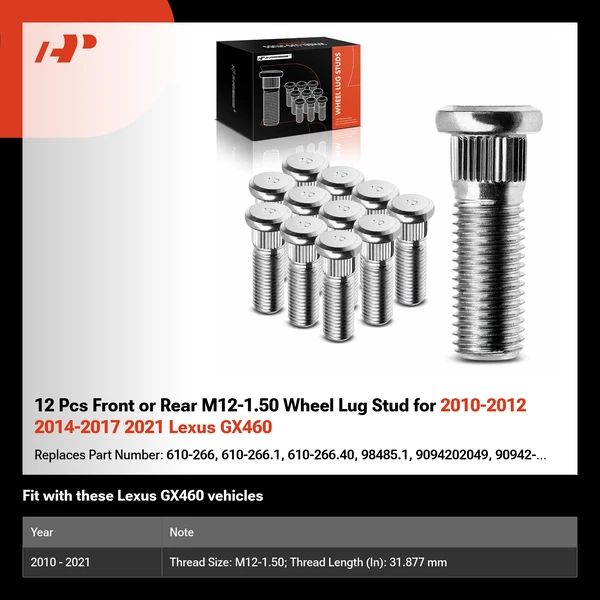 12 Pcs Front or Rear M12-1.50 Wheel Lug Stud for 2010-2012 2014-2017 2021 Lexus GX460