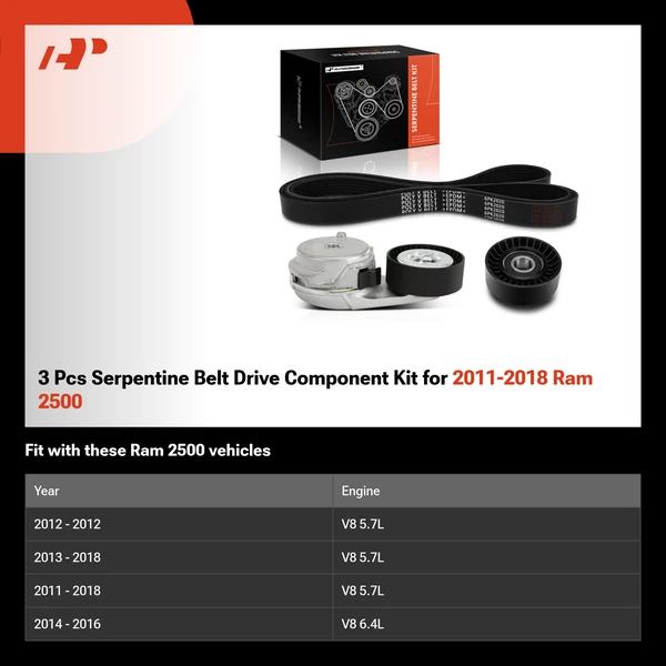 3 Pcs Serpentine Belt Drive Component Kit for 2011-2018 Ram 2500