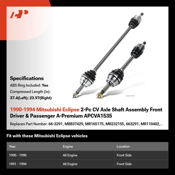 1990-1994 Mitsubishi Eclipse 2-Pc CV Axle Shaft Assembly Front Driver & Passenger A-Premium APCVA1535